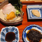 竹ざき - マダイ、ヤリイカ、ウニと鮟肝の裏漉し