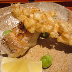 竹ざき - 甘鯛の松笠揚げ、ホワイトコーンの揚げ物