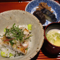 竹ざき - 枝豆と生姜ご飯、焼き鱧茗荷載せ