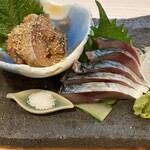 きはる - 泳ぎサバ刺し、ゴマサバ盛合せ〜またまた泳ぎサバ刺しとゴマサバの盛合せをお代わり。