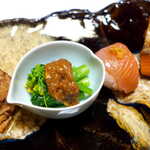 料亭 能登新 - ほっぺた部分の身を味噌を合わせた「ほっぺた味噌」、菜の花がご馳走になります