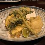 鳥田中 - 201906  お通し（天ぷら盛合せ（茄子、淡路鱧、浜防風））