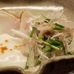 道人 - ③虎河豚(山口県下関産)、虎河豚の白子のソース、鉄皮&小葱の胡麻油和え
      産卵期は春～初夏、旬は冬～晩冬
      虎河豚のタタキ、火入れは軽め
      加熱された上質な脂の旨みが素晴らしい。
      白子ペーストが抜群に合う！