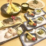 まち庵 - 料理写真:宴会4300円コース　飲み放題付き　自家製二八常陸秋そば　一回お代わり無料