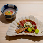 新ばし 星野 - 鯛の飯蒸し  柿なます かますの焼き物 ばちこ むかご 銀杏