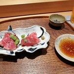 肉割烹 上 - ヒレのたたき　粒胡椒に生姜醤油 ハツとイチボの漬け
