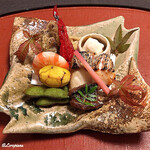 御料理 寺沢 - 鱸炭火焼､秋刀魚山椒煮､毛豆､焼栗､車海老､万願寺唐辛子､舞茸天ぷら､富有柿