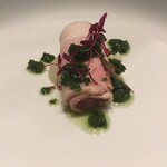 春香楼 - 2019年7月豚のニラと青山椒の味噌、下にはカリフラワーのピューレ