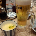 Uomori - 生ビール(580円）＋お通し（430円）