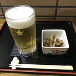 ごはんばー - とある日の生ビールとお通しの肉ごぼう