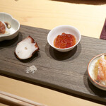 Sushi Shin - 筋子の味噌漬け、げそ、鯛の酒盗、蟹の土佐酢ジュレ、たこ