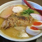 ひのき屋 - 料理写真:【(限定) 鶏の白湯塩ラーメン Xmasバージョン 骨付き鶏もも肉をtoppingで + 煮玉子】￥900 + ￥100