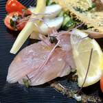 ナガタ店 - ○前菜（①の皿）・自家製パテ・プロシュート・イナダのカルパッチョ・自家製ピクルス・チーズ煎餅・自家製パン