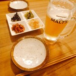 焼き鳥と日本酒バルこめの家 - こんなお通しがきたらビールおかわりしちゃう(;´Д`)ﾊｧﾊｧ