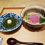 肉屋 田中 - 田村さんの44カ月神戸牛リブロース芯の日間賀島産河豚の白子しゃぶしゃぶ　