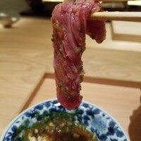 肉屋 田中 - 田村さんの44カ月神戸牛リブロース芯の日間賀島産河豚の白子しゃぶしゃぶ　