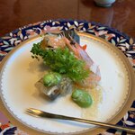 和匠よし乃 - 前菜　甘海老、てっぴ(トラフグ皮)煮凝り、栄螺のワタ入り酢味噌和え