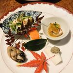 Cuisine d'Osaka Ryo - 左よりさえづりの辛子和え、あん肝、カブラ、マス寿司、牡蠣