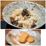 大どころ - ムカゴご飯と、スモークした沢庵（いぶりがっこのような味わいです）