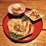 酒井商会 - おばんざい盛合せ：あん肝の生姜煮 生ハムと金柑の白和え 甘海老と千枚漬け