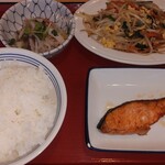 富山上袋食堂 - 鮭塩焼き・しめ鯖なます・ご飯中・野菜炒め