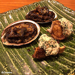 千陽 - 黒鮑のﾊﾞﾀｰ焼と鮟鱇の唐揚げに芹の白和え