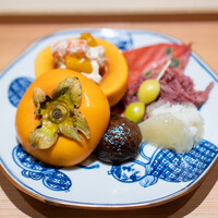 肉屋 雪月花 NAGOYA - 文旦とセンマイの土佐酢漬け 祖父江の銀杏 松坂牛の自家製コンビーフ 安保柿、天下富舞（柿）、車海老の利久和え 恵那の渋皮煮