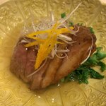 はらまさ - 鴨と海老芋のあんかけ 菜の花が添えられていました。柚子の香りがいい。 片栗粉？でコーティングされた鴨。柔らかい。 海老芋はねっとり。素揚げしてあるのかな？