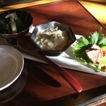 打心蕎庵 - 三品（お浸し、湯葉豆腐、鴨肉）