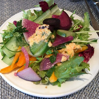 Furutoshi - サラダの上に契約農家の野菜のマリネをのせて、人参ドレッシングで。マリネは冷やしすぎたのか、野菜が凍ったあとの独特の食感がある根菜がまざっていて残念。