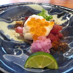 心根 - ハガツオ塩タタキの自然薯雪見立て