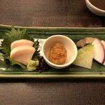 水たき玄海 - ◎鶏味噌 鶏むね肉のお造り 黄身麹