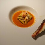 オステリア ブッビーノ - 大力商店 鮮魚のソテー 焼き茄子とリコッタチーズのスフォルマート 濃厚な甲殻類のクリームソース