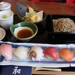 Nihon No Aji Kazu - お昼の「味覚膳」。新鮮な海の幸の手まり寿司、茶わん蒸しは絶品。デザートの白玉ぜんざいも女性には嬉しい！