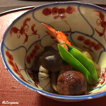 御料理 寺沢 - 車海老､茄子､しめじ､鴨肉ﾐﾝﾁﾎﾞｰﾙ