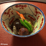 御料理 寺沢 - 車海老､茄子､しめじ､鴨肉ﾐﾝﾁﾎﾞｰﾙ