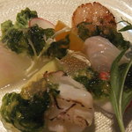 8G Horie River Terrace - 北海の蛸と帆立、香川で水揚げされた平目のカルパッチョ