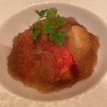 O Purovanso - 冷前菜：オマール海老と芋セロリのムース　オマール海老のコンソメジュレ 大好きな前菜。オマール海老が甘くてぷりぷり。芋セロリムースがなめらかでいいバランス。 雲丹が甘い。完成されいる料理。