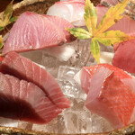 めしの助 - 刺身盛り合わせ
      ※左上から時計まわりに
      ぶり・真鯛・さわら・生本まぐろ・金目鯛・スマ