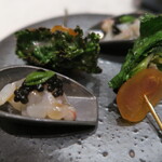 オルグイユ - 唐墨とプチヴェール、赤座海老とキャビア