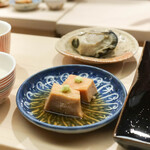 日本橋蛎殻町 すぎた - 鮟肝と牡蠣味噌漬け,新政で頂く