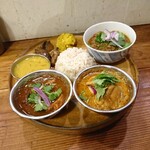 全種盛り：チキン、スルメイカ、猪のキーマ