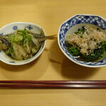 食堂 ユの木 - お通し（豆アジ南蛮漬・菜の花お浸し）