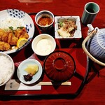 Nishiumeda Zenen - 日替わりメインにおばんざいや味噌汁付き、60食限定日替り昼膳950円、急須で提供される温かいお茶