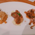 Shichiriaya - 蛸とジャガイモの赤ワイン煮、ボウズイカのエオリア風、赤海老のパン粉焼き 