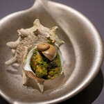 プレゼンテ スギ - 2020.1 サザエ（GVした新物の勝浦産サザエ シェフが採取した天然胡桃と自家菜園パクチーなどのジェノベーゼ）