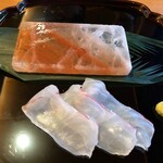 一心鮨 光洋 - Flounder sashimi with rock salt and flavoured with Hebesu, citrus fruit from Miyazaki　ヒラメの刺身 へベス（宮崎の柑橘）を擦り付けた岩塩とともに