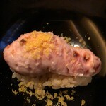 一心鮨 光洋 - Charcoal grilled soft cod roe, grated home-dried mullet roe and vinegared rice　白子の炭焼 自家製カラスミ シャリとともに