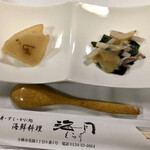 Otaru Ryouri Kurage - 先付:筍の土佐煮と若布と烏賊の酢味噌和え