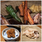 大どころ - ＊焼き野菜は甘く、自家製肉味噌で。 ＊主人がほぐしてくれた「鰆の身の一部」。 かなりのボリュームだったのですが、私はこの量×3程度で、後は主人に任せました。(^^;)